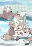 anthro blush brown_body brown_fur duo fur green_eyes hot_spring looking_at_butt male red_eyes water ruentn lifewonders tokyo_afterschool_summoners seth_(tas) tadatomo_(tas) canid canine canis domestic_dog jackal mammal 2023 hi_res