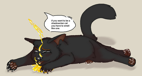 black_body black_fur black_nose bodily_fluids claws dripping eyes_closed feral fur genital_fluids genitals grinding highlights_(coloring) leaking_precum lying_on_ground male on_ground pawpads paws peeing peeing_on_another peeing_on_face penis precum precum_drip simple_background solo speech_bubble text tongue tongue_out toony urine urine_on_face watersports jinglecide warriors_(book_series) nightheart_(warriors) domestic_cat felid feline felis mammal shaded