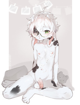 anthro areola balls belly blush blush_lines bodily_fluids cum cum_in_navel cum_on_belly cum_on_body ears_down eyewear feet femboy fluffy fur genital_fluids genitals glasses goat_ears green_eyes grey_eyes hair heterochromia horn kemono looking_at_viewer male markings navel nipples nude open_mouth paws penis pivoted_ears short_hair shy simple_background sitting solo spots spotted_body white_body white_fur white_hair young young_anthro young_male janiskisa sky_(skyywy) bovid caprine goat lagomorph mammal absurd_res digital_media_(artwork) hi_res