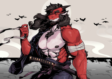2_horns abs anthro areola arm_wraps asian_clothing beard biceps biped black_body black_claws black_clothing black_hair black_horn black_kimono black_scales chest_tuft claws clothing deltoids east_asian_clothing facial_hair field finger_claws grey_sky hair hand_wraps horn japanese_clothing katana kimono long_hair male male_anthro melee_weapon muscular muscular_anthro muscular_male nipples obliques outside pecs purple_sash red_body red_scales scabbard scales sky solo sun sword tuft unsheathing_sword unsheathing_weapon weapon white_body white_scales wraps yellow_eyes xandy_art mythology ambient_bird ambient_flier dragon mythological_creature mythological_scalie scalie 2025 hi_res