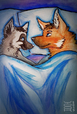 anthro bed black_inner_ear_fluff black_nose blue_bed_sheet blue_eyes blue_pillow brown_hair cheek_tuft duo facial_tuft fur furniture glistening glistening_eyes glistening_nose grey_body grey_ears grey_fur hair inner_ear_fluff lying male neck_tuft on_bed on_side orange_body orange_ears orange_fur pillow tuft white_body white_fur yookie yuta_lemur canid canine lemur mammal maned_wolf primate ring-tailed_lemur strepsirrhine 2015 dated signature