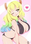2019 absurd_res big_breasts bikini blep breasts clothed clothing female hair hi_res horn horned_humanoid humanoid iryanic long_hair looking_at_viewer miss_kobayashi's_dragon_maid multicolored_eyes multicolored_hair not_furry one_eye_closed quetzalcoatl_(dragon_maid) solo swimwear tongue tongue_out wink