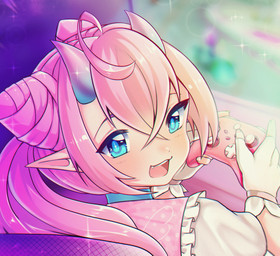 2_horns 4_fingers bangs bent_arm blue_eyes blue_horn blue_pupils blurred_background clothed clothed_female clothed_humanoid clothing controller electronics eyebrows fangs female fingers game_controller gaming gloves hair handwear holding_controller holding_object horn humanoid_pointy_ears light long_hair looking_at_viewer looking_back looking_back_at_viewer multicolored_horn not_furry odango open_mouth open_smile pigtails pink_clothing pink_hair pink_horn pink_shirt pink_topwear playing_video_game pointy_ears pupils purple_chair purple_eyebrows shirt smile smiling_at_viewer solo sparkles tan_body tan_skin teeth television topwear white_clothing white_gloves white_handwear xbox_controller salacitae microsoft vtuber xbox xbox_game_studios chibidoki horned_humanoid humanoid 2024 bust_portrait colored digital_drawing_(artwork) digital_media_(artwork) english_description hi_res lighting portrait shaded