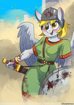 anthro armor belt blonde_hair blood blush bodily_fluids bracelet breasts clothing eyelashes feathered_wings feathers female green_clothing grey_body grey_feathers hair headgear helmet jewelry melee_weapon open_mouth shield solo sword weapon wings yellow_eyes chrysalisdraws friendship_is_magic hasbro my_little_pony mythology derpy_hooves_(mlp) equid equine mammal mythological_creature mythological_equine pegasus 2024 hi_res