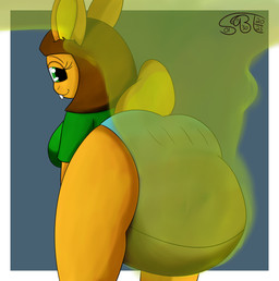 anthro clothing excessive_feces feces female hyper hyper_feces looking_at_viewer looking_back panties pooping rear_view scatplay smelly soiled soiling solo stink_fumes underwear gassybigears69 linda_the_rabbit lagomorph leporid mammal rabbit hi_res