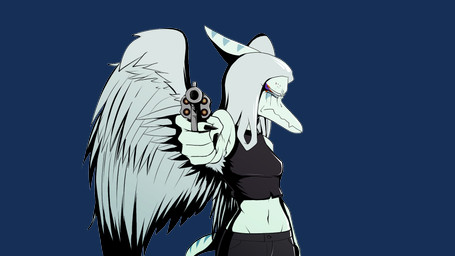 anthro biped black_bottomwear black_clothing black_crop_top black_pants black_shirt black_topwear blood blood_on_face blue_body bodily_fluids bone_frill bottomwear breasts clothed clothed_anthro clothed_female clothing crop_top crying elbow_feathers eyes_closed feathered_wings feathers female fingers frill_(anatomy) front_view frown grey_body grey_feathers grey_hair gun hair handgun holding_gun holding_handgun holding_object holding_ranged_weapon holding_revolver holding_weapon humanoid_hands long_hair markings medium_breasts midriff navel non-mammal_breasts non-mammal_navel pants pointing_gun_at_viewer ranged_weapon revolver shirt short_tail simple_background solo striped_markings stripes tail tears topwear transparent_background weapon wings unknown_artist cavemanon_studios goodbye_volcano_high ko_op_(game_developer) snoot_game fang_(gvh) prehistoric_species pterosaur reptile scalie 16:9 alpha_channel colored half-length_portrait hi_res portrait shaded widescreen