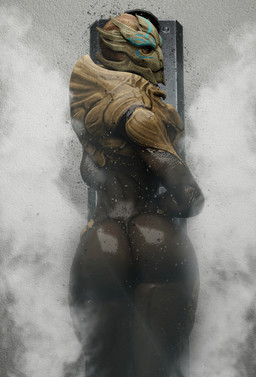 bathing big_butt blue_eyes bodypaint butt butt_pose face_paint female glistening glistening_body glistening_butt inside looking_at_viewer looking_back nude pose rear_view shower showering solo standing steam thick_thighs water water_droplets wet raik_arglack ghost0fonyx_(modeler) bioware electronic_arts mass_effect alien turian 3d_(artwork) digital_media_(artwork) hi_res