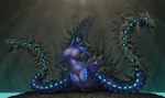 anthro anthrofied blue_body blue_markings bone breasts female glowing glowing_eyes glowing_markings markings non-mammal_breasts not_furry nude simple_background skeleton solo tentacles muhut capcom monster_hunter duremudira elder_dragon humanoid mollusk nakarkos absurd_res hi_res