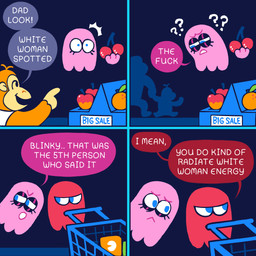 3_fingers 4_panel_comic anthro apple blue_eyelids blue_eyes blue_line_art closed_frown clothed clothed_anthro clothed_male clothing confusion dialogue electronics eyebrows eyelashes female fingers floating_hands food frown fruit fur furrowed_brow group holding_cherry inside light limbless looking_at_another looking_at_cellphone looking_at_object looking_at_phone male male_anthro mouth_closed mouthless multicolored_body name_drop name_in_dialogue narrowed_eyes no_pupils noseless not_furry_focus open_frown open_mouth open_smile orange_(fruit) orange_body orange_fur phone pink_body pink_eyebrows pink_line_art plant profanity question_mark red_body shirt shopping_cart sign silhouetted_body smile smiling_at_another speech_bubble squint startled talking_to_another tan_body tan_skin tank_top text topwear two_tone_body white_clothing white_mouth white_shirt white_tank_top white_topwear yelling yelling_at_another young young_anthro young_male tanookitalez donkey_kong_(series) nintendo blinky_(pac-man) donkey_kong_jr. pinky_(pac-man) ghost kong mammal primate spirit 1:1 colored colored_line_art comic digital_media_(artwork) english_description english_text hi_res lighting father_(lore) father_and_child_(lore) father_and_son_(lore) parent_(lore) parent_and_child_(lore) parent_and_son_(lore) son_(lore)