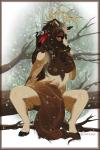 accessory anthro antlers biped border branch breasts brown_body brown_fur brown_hair covering covering_crotch covering_self facial_piercing feather_in_hair feathers female front_view fur hair hair_accessory hand_on_chest hooves horn in_tree long_hair looking_at_viewer nipples nose_piercing nose_ring nude on_branch orange_border piercing plant ring_piercing sitting snow snowing solo spread_legs spreading tan_body tan_fur tree compass_(artist) deer mammal new_world_deer reindeer