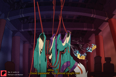 asian_clothing bdsm blurred_background bondage bound captured clothing dialogue east_asian_clothing fur half_clothed incense japanese_clothing kimono male mostly_offscreen_character ofuda paper_seal red_rope red_ropes restraints rope rope_bondage rope_harness seals solo tail talisman temple text traditional_clothes white_body white_fur aennor bai_se_(aennor) canid canine demon fox mammal 3:2 absurd_res english_text hi_res
