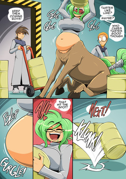 barrel belly breasts brown_hair dialogue eyewear female glasses green_hair group hair inside male orange_hair sound_effects speech_bubble text trio vale-city european_mythology greek_mythology mythology centaur equid equid_taur human humanoid_taur mammal mammal_taur taur 2025 absurd_res comic english_text hi_res