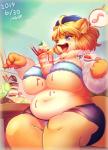 anthro between_breasts beverage_between_breasts big_breasts breasts clothed clothing female food food_fetish food_play nipple_outline object_between_breasts panties slightly_chubby solo tongue underwear upskirt ni_jikan canid canine mammal