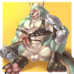abs anthro armor balls black_nose blush braided_hair claws erection facial_scar fangs fantasy feet fur genitals glans green_body green_fur hair heterochromia humanoid_genitalia kemono looking_at_viewer male melee_weapon midriff mostly_nude multicolored_body multicolored_fur muscular muscular_anthro muscular_male nipples pawpads paws pecs penis scar scars_all_over simple_background sitting solo spread_legs spreading sword teeth toe_claws tongue tongue_out weapon white_body white_fur weedwolf rorik_(rossciaco) canid canine canis mammal wolf 1:1