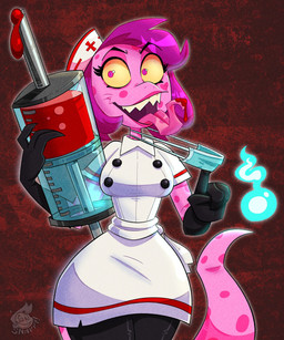 anthro blood blood_on_tongue bodily_fluids clothing female mask nurse nurse_clothing nurse_uniform solo syringe uniform snappysart gregory_horror_show catherine_(gregory_horror_show) lizard reptile scalie hi_res