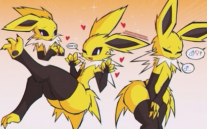 anthro butt clothing embarrassed femboy heart_symbol legwear male multiple_angles paws simple_background solo thigh_highs yellow_body daxterado nintendo pokemon eeveelution generation_1_pokemon jolteon pokemon_(species) 16:10 hi_res signature widescreen