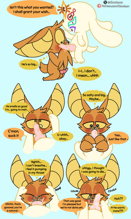 4_eyes animal_genitalia animal_penis anthro balls big_balls big_penis black_eyes black_nose blush blush_lines bodily_fluids brown_eyes butt canine_genitalia canine_penis cum cum_in_mouth cum_inside dialogue duo ejaculation exclamation_point eyes_closed eyewear fellatio first_person_view floating fur genital_fluids genitals glasses glistening glistening_body glistening_fur green_eyewear green_glasses hair half-closed_eyes hand_on_head interspecies kneeling knot looking_at_another looking_at_genitalia looking_at_penis looking_pleasured male male/male multi_eye narrowed_eyes oral orange_body orange_ears orange_fur orange_hair orange_sclera orange_tail orgasm penile penis penis_in_mouth penis_on_face penis_sniffing precum question_mark sex shirt_collar short_tail sniffing speech_bubble surprise surprised_expression tail text thought_bubble yellow_body yellow_ears yellow_fur yellow_nose yellow_tail cloudeon chikn_nuggit chikn_nuggit_(chikn_nuggit) chikn_nuggit_(true_form) onyn_ring_(chikn_nuggit) bat canid canine canis deity domestic_dog eastern_red_bat mammal 2025 absurd_res artist_name comic digital_media_(artwork) english_text hi_res