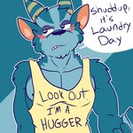 anthro blue_body blue_fur blush clothing dialogue fur horn male muscular muscular_male nipples pecs shirt simple_background solo tank_top text topwear fizzyjay animal_crossing nintendo bruce_(animal_crossing) antelope bovid mammal 1:1 digital_media_(artwork) english_text hi_res