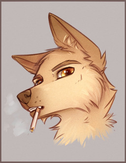 cheek_tuft cigarette cigarette_in_mouth facial_tuft fur head_tuft inner_ear_fluff looking_at_viewer object_in_mouth smoking smoking_cigarette solo tan_body tan_fur tuft yellow_eyes yshanii canid mammal 2022 digital_media_(artwork) hi_res