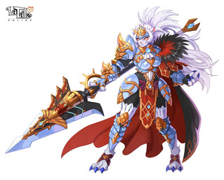 anthro armor breast_armor breasts cape clothing eyelashes female female_anthro fur hair headgear helmet inner_ear_fluff long_hair melee_weapon pink_nose polearm ruffled_collar simple_background solo spear standing tuft weapon white_background white_body white_fur white_hair yellow_eyes jung_gu_man actoz_soft la_tale veska_(la_tale) felid lion mammal pantherine full-length_portrait hi_res official_art portrait