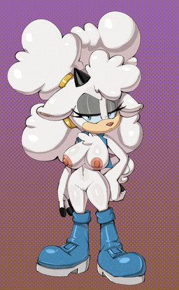 anthro areola big_breasts big_hair black_horn blue_boots blue_clothing blue_eyes blue_footwear blue_sclera blue_topwear blue_vest boots bottomless breasts chest_tuft clothed clothing cosplay dipstick_fingers ears_down eyeshadow female footwear front_view fur genitals grey_eyeshadow hair horn looking_at_viewer makeup navel nipples open_clothing open_topwear pattern_background pink_areola pink_nipples pink_nose pivoted_ears purple_background shoes simple_background solo tan_body tan_fur thick_thighs topwear tuft vest vulva white_body white_fur white_hair wide_hips guillion archie_comics idw_publishing sega sonic_the_hedgehog_(archie) sonic_the_hedgehog_(comics) sonic_the_hedgehog_(idw) sonic_the_hedgehog_(series) lanolin_the_sheep_(sonic) sally_acorn bovid caprine mammal sheep 2024 hi_res