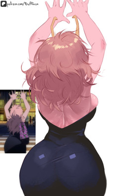 2_horns big_breasts big_butt breasts butt clothing dress female hair horn pink_body pink_hair pink_skin purse rear_view simple_background solo text tight_clothing tight_dress wide_hips duffmox my_hero_academia ashido_mina horned_humanoid humanoid quirked_human_(my_hero_academia) absurd_res hi_res reference_image url