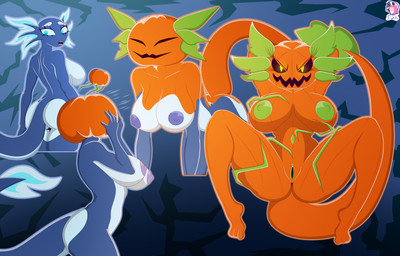 anthro female food for_a_head fruit green_nipples holidays nipples plant possession pumpkin pumpkin_head solo transformation skyspeardw halloween izel_(grimmlight916) amphibian aquatic axolotl elemental_creature elemental_humanoid flora_fauna humanoid mole_salamander object_head plant_humanoid salamander absurd_res hi_res huge_filesize