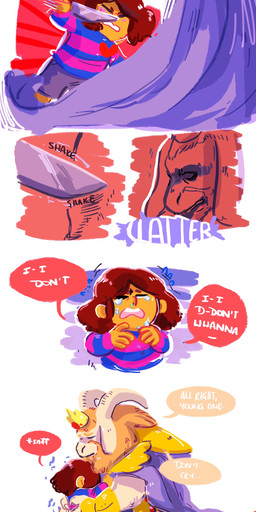 anthro beard bodily_fluids clothing crying facial_hair fur hair heart_symbol horn hug knife long_ears melee_weapon polearm sad spear tears weapon white_body white_fur thatonegojimun undertale undertale_(series) asgore_dreemurr frisk_(undertale) boss_monster_(undertale) bovid caprine human mammal 2015 absurd_res comic hi_res