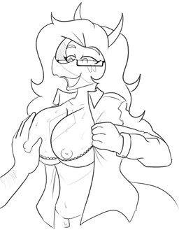 ambiguous_gender anthro big_breasts bodily_fluids bra breast_grab breasts clothing duo exposed_breasts eyelashes eyewear facial_horn female female/ambiguous glasses hair hand_on_breast horn jacket long_hair long_tail nipples nose_horn open_mouth open_smile rectangular_glasses smile snout sweat sweatdrop tail topwear underwear arsenic_iii cavemanon_studios snoot_game fan_character vee_(veedway) dinosaur prehistoric_species reptile saurischian scalie theropod troodon troodontid 2025 monochrome