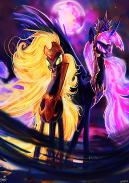 armor corruption crown duo fangs feathered_wings feathers female feral green_eyes headgear helmet horn moon purple_eyes teeth wings jowybean friendship_is_magic hasbro my_little_pony mythology applejack_(mlp) twilight_sparkle_(mlp) earth_pony equid equine horse mammal mythological_creature mythological_equine pony winged_unicorn 2015