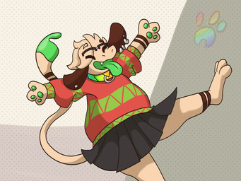 ambiguous_gender anthro bottomwear clothing green_mouth happy open_mouth pawpads skirt solo sweater tongue tongue_out topwear speckostardust nintendo pokemon speck_(speckostardust) canid canine canis domestic_dog generation_2_pokemon mammal pokemon_(species) smeargle absurd_res hi_res nonbinary_(lore)