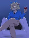 alcohol anthro antlers beverage black_bottomwear black_clothing black_skirt blonde_hair blue_antlers blue_background blue_clothing blue_jacket blue_lips blue_nose blue_topwear bottomwear clothing coach crossed_legs deer_antlers deer_ears female freckles gem hair holding_glass holding_object horn jacket jewelry lips necklace pearl_(gem) pearl_necklace simple_background sitting skirt solo topwear wine jirenforggst deltarune undertale_(series) carol_holiday deer mammal absurd_res hi_res