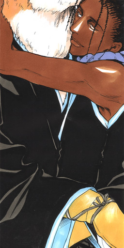 anthro black_hair blind disability duo hair hug male shinigami_uniform simple_background white_background yellow_eyes unknown_artist bleach_(series) kaname_tosen sajin_komamura canid canine canis human mammal wolf hi_res