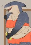 anthro bite_mark blush bottomwear clothing dorsal_fin eyebrows female fin gradient overweight scar skirt solo stretch_marks teeth torsena123 fish marine shark hi_res