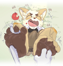 anthro apple bodily_fluids clothing crying_laughing erection erection_under_clothing eyes_closed feathers feet floating_hands food foot_focus fruit laugh lying male on_back open_mouth plant shirt soles solo tears tickling tongue topwear gaddiel55565069 species_request 2026 english_description hi_res