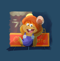 anthro biped brown_body brown_hair candy chibi chocolate clothed clothing dessert food hair micro sitting solo text hikari_gamba gamba_no_bouken gamba_no_bouken_(series) ikasama mammal mouse murid murine rodent 2023 hi_res japanese_text