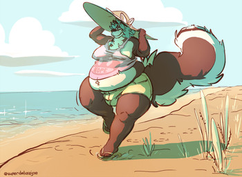 anthro beach belly belly_peek belly_tuft big_belly big_tail bottomwear breasts bulge clothing cloud detailed_bulge eyes_closed flip_flops fluffy fluffy_tail footwear intersex love_handles navel_tuft overweight overweight_intersex pear-shaped_figure plant sandals sea shirt shoes shorts sky smile solo tail tank_top thick_thighs topwear tuft walking water wide_brim_hat wide_hips joebluefox joe_(joebluefox) canid canine fox mammal