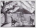 2016 alin_raven anthro autumn bench bottomwear canid canine canis clothed clothing domestic_cat duo english_text felid feline felis flower footwear fur grass hair leaf legwear lion male male/male mammal monochrome on_bench outside pantherine pants park plant rock scarf shirt shoes shrub sitting text topwear traditional_media_(artwork) tree wolf