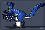 3_toes animal_genitalia animal_penis balls big_balls big_claws big_penis big_sheath biped blue_body blue_crest blue_feathers blue_stripes border claws countershade_arms countershade_neck countershade_tail countershade_torso countershading digitigrade feathered_crest feathered_wings feathers feet feral genitals grey_background half-erect head_crest huge_balls huge_penis huge_sheath hyper hyper_balls hyper_genitalia hyper_penis hyper_sheath looking_at_viewer male markings multicolored_body non-mammal_balls open_mouth paws penis penis_tip pink_penis pupils shadow sharp_teeth sheath simple_background slit_pupils smile solo striped_body striped_markings stripes tail teeth toe_claws toes two_tone_body white_balls white_body white_border white_countershading white_feathers white_sheath wide_hips winged_arms wings yellow_eyes raptor4694 ostro_the_utahraptor dinosaur dromaeosaurid feathered_dinosaur feathered_scalie prehistoric_species reptile scalie theropod utahraptor 2022 colored digital_drawing_(artwork) digital_media_(artwork) signature