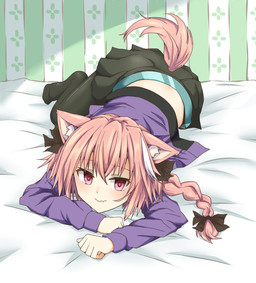 5_fingers alternate_species bottomwear braided_hair clothed clothing femboy fingers fluffy fluffy_tail fur hair inner_ear_fluff inside jacket looking_at_viewer male multicolored_hair pink_body pink_eyes pink_fur pink_hair skirt solo tail topwear translucent translucent_hair tuft white_hair ahn2so2_are fate_(series) type-moon astolfo_(fate) animal_humanoid humanoid 2017 hi_res