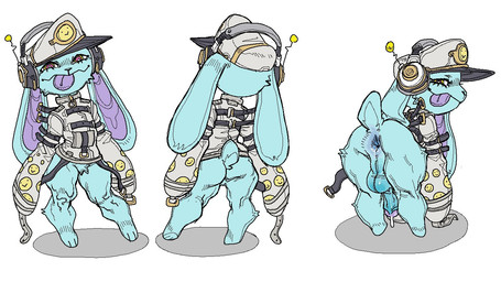 anthro anus backsack balls bent_over biped blue_body blue_fur bottomless bottomless_anthro bottomless_male butt clothed clothing electronics erection fur genitals hat headgear headphones headset headwear humanoid_genitalia humanoid_penis looking_at_viewer looking_back looking_back_at_viewer male penis presenting presenting_anus presenting_hindquarters restraints simple_background solo standing straitjacket tongue tongue_out white_background nsfuwu4 lagomorph leporid mammal rabbit 2023 digital_media_(artwork)