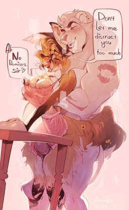 anthro anthro_on_anthro apron apron_only black_body black_fur breast_grab breasts brown_body brown_fur clothed clothing dialogue duo ear_piercing erection eyebrows facial_piercing female fingers fur genitals hair hand_on_breast heart_symbol industrial_piercing interspecies lip_piercing male male/female mane mostly_nude multicolored_body multicolored_fur narrowed_eyes nose_piercing nose_ring nude open_mouth penis piercing ring_piercing septum_piercing sex speech_bubble standing standing_sex text thigh_sex white_body white_fur white_mane ulitochka canid canine canis domestic_dog felid lion mammal pantherine 2023 artist_name dated english_text hi_res