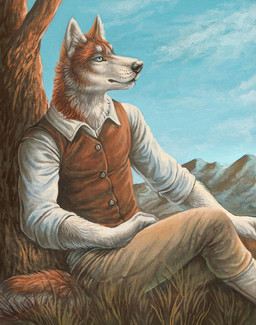 anthro blue_eyes bottomwear clothed clothing fully_clothed fur grass male mountain multicolored_body multicolored_fur outside pants plant pointy_ears prick_ears red_body red_fur rolled_up_sleeves shirt sitting sitting_on_ground sitting_under_tree sky solo tail topwear tree two_tone_body two_tone_fur vest whisker_spots white_body white_fur rukis off_the_beaten_path red_lantern_universe grant_wickham canid canine canis domestic_dog husky mammal nordic_sled_dog spitz 2015 acrylic_painting_(artwork) painting_(artwork) traditional_media_(artwork) traditional_painting_(artwork)