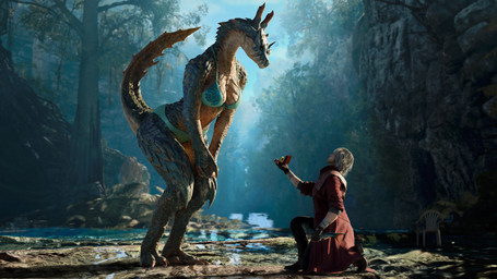anthro big_breasts bikini blue_body breasts chair claws clothed clothing coat crouching detailed_background digit_ring duo eye_contact eyelashes female forest forest_background furniture hair holding_object horn interlocked_fingers jewelry larger_anthro larger_female looking_at_another looking_down looking_down_at_partner looking_up_at_partner male male/female marriage_proposal nature nature_background orange_eyes outside plant presenting presenting_breasts pupils raised_tail ring scales size_difference slit_pupils smaller_human smaller_male swimwear tail thick_thighs topwear tree two-piece_swimsuit water wedding_ring white_hair ivorylagiacrus capcom devil_may_cry monster_hunter vergil_chair dante_(dmc) aquatic fish human lagiacrus leviathan_(mh) mammal scalie 16:9 2025 3d_(artwork) 4k absurd_res blender_(artwork) crossover digital_media_(artwork) hi_res widescreen