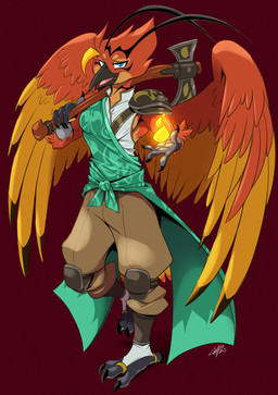 4_fingers anthro axe beak black_body black_feathers blue_eyes bottomwear clothing eyebrows feathers fingers fire looking_at_viewer magic male multicolored_body multicolored_feathers open_beak open_mouth pants red_body red_feathers solo topwear wings yellow_body yellow_feathers chalo avian 2023 full-length_portrait hi_res portrait signature