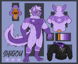 4_toes anthro black_eyes blue_border bone border clothing feet flesh fur kerchief male male/male muscular open_mouth purple_body purple_fur solo toes tongue tongue_out kentott0 mythology shigou_pyrix dragon furred_dragon furred_scalie mythological_creature mythological_scalie scalie hi_res model_sheet