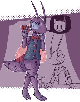 2_toes 4_fingers abstract_background antennae_(anatomy) anthro arthropod_abdomen back_wings big_eyes black_clothing black_topwear black_vest blue_eyes bottomless bottomless_anthro bottomless_female bow_tie clothed clothing emoji exoskeleton eyelashes featureless_crotch feet female female_anthro fingers flat_chested front_view gloves grey_body grey_exoskeleton halftone_shading handwear holding_playing_card insect_wings looking_at_viewer open_mouth open_smile outline pupils red_bow_tie red_wings smile solo speech_bubble toes topwear translucent translucent_wings vest walking white_outline wings lizardfungus cc-by-nc-nd creative_commons arthropod insect snakefly 2025 aliasing binary_drawing digital_drawing_(artwork) digital_media_(artwork) full-length_portrait halftone hi_res multiple_images pictographics portrait