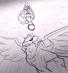 ambiguous_gender ambush duo female feral fighting_pose flying holding_object holding_weapon pose red_eyes sky skyscape weapon sam_a_jamm nintendo pokemon avian bird corviknight generation_8_pokemon generation_9_pokemon humanoid pokemon_(species) tinkaton black_and_white digital_drawing_(artwork) digital_media_(artwork) hi_res monochrome