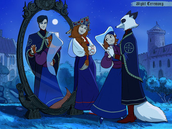 4_fingers 5_fingers altered_reflection alternate_species alternate_universe anthro bench biped black_hair black_nose blue_cape blue_clothing boots bottomwear braided_hair cape castle chimney clothed clothed_anthro clothed_female clothed_human clothed_male clothing countershade_face countershade_fur countershading crossed_arms detailed_background eyelashes female female_anthro female_human fingers fluffy fluffy_tail footwear fully_clothed fully_clothed_anthro fully_clothed_female fully_clothed_human fully_clothed_male fur furrification grass group hair happy head_covering headdress headgear headwear interlocked_fingers leaning_on_object light long_braid long_skirt looking_at_self looking_back_at_self magic magic_mirror male male/female male_anthro male_human medieval medieval_architecture medieval_clothing medieval_fantasy moon moonlight night nightsky orange_body orange_fur ornate_furniture outside plant plantigrade pupils red_boots red_clothing red_footwear reflection shoes shrub skirt snout star stone_path tail tree trio veil white_body white_fur wimple sir_paulus disney robin_hood_(disney) fan_character lisabeth_(lord_paulus) maid_marian pavel_(sir_paulus) canid canine fox human mammal 2025