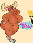 anthro antlers big_breasts blonde_hair breasts butt dialogue duo female fur genitals grey_hooves hair half-closed_eyes hooves horn looking_at_viewer male narrowed_eyes nipple_outline nipples pose pussy speech_bubble text 100_nails cartoon_network johnny_bravo_(series) becky_(johnny_bravo) johnny_bravo deer human mammal moose new_world_deer 2022 absurd_res english_text hi_res